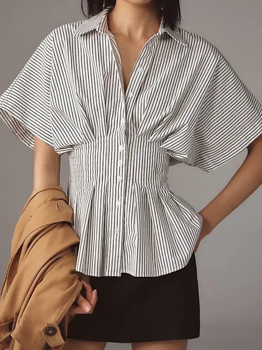 Anthropologie The Tobie Short-Sleeve Pleated Blouse by Exquise